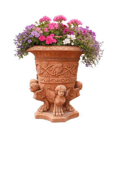 Terrakotta Topf mit Ornamentik und Sphinx-Motiven – frostfest und handgefertigt